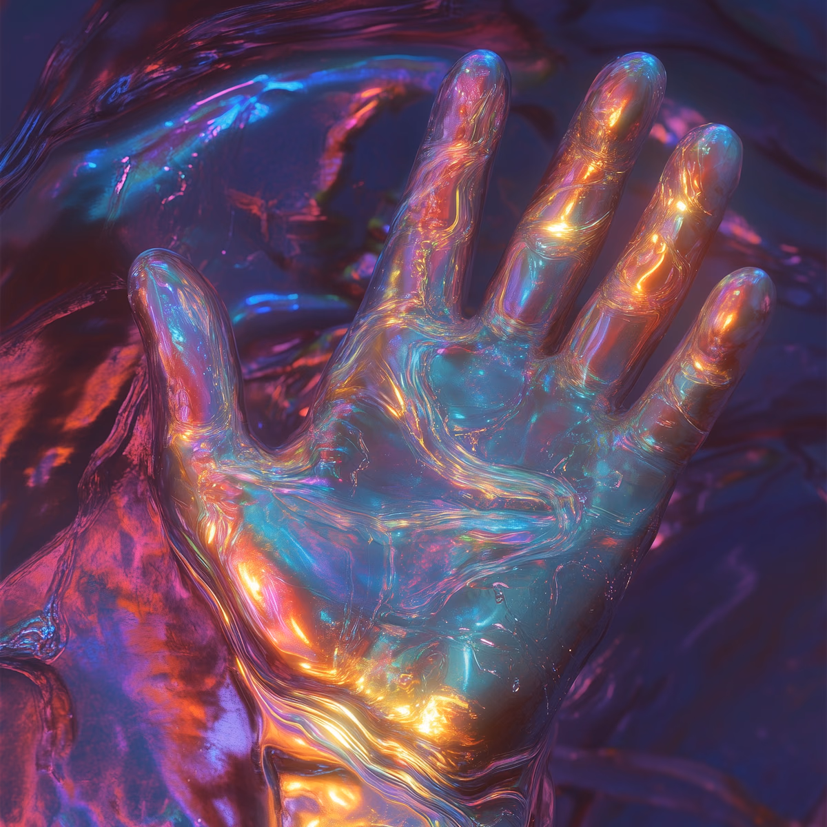 A glowing, translucent hand with iridescent colors immersed in a surreal liquid-like environment. Futuristic and dreamlike digital art.