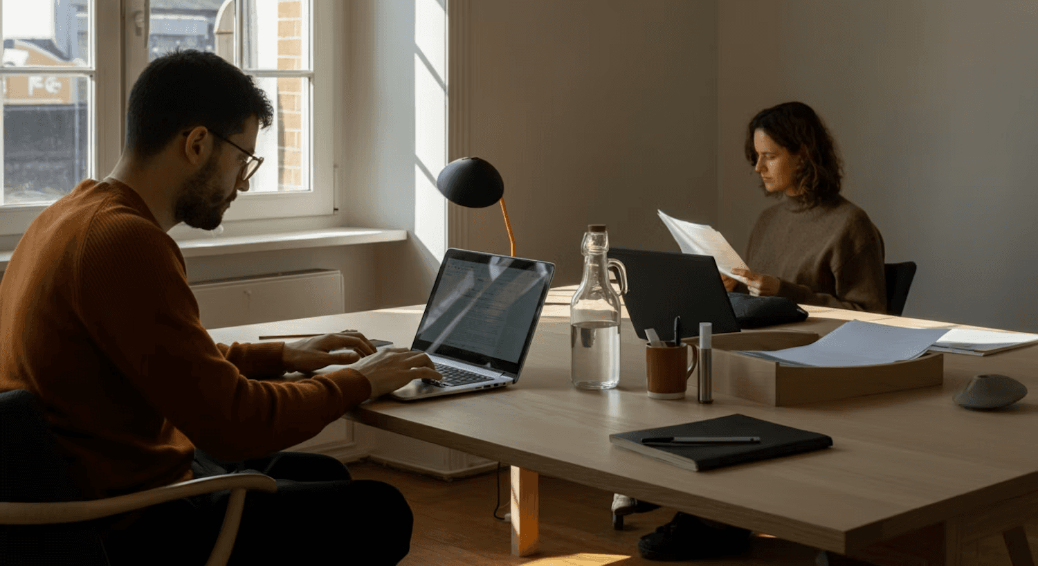 Two people working in a sunlit office, focusing on laptops and documents at a wooden desk.
