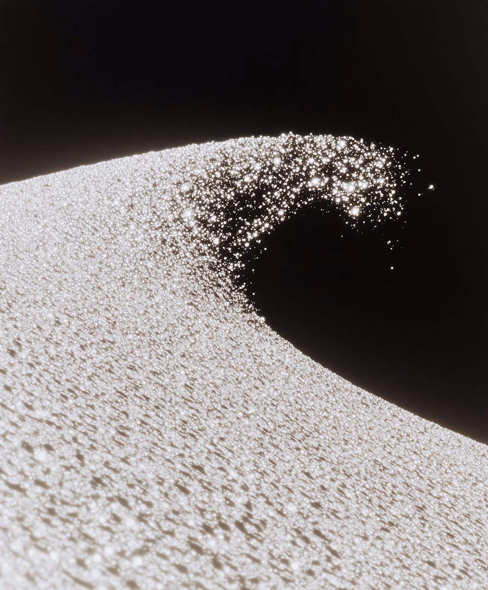 Abstract wave of sparkling particles against a dark background, creating a surreal and dynamic visual effect.