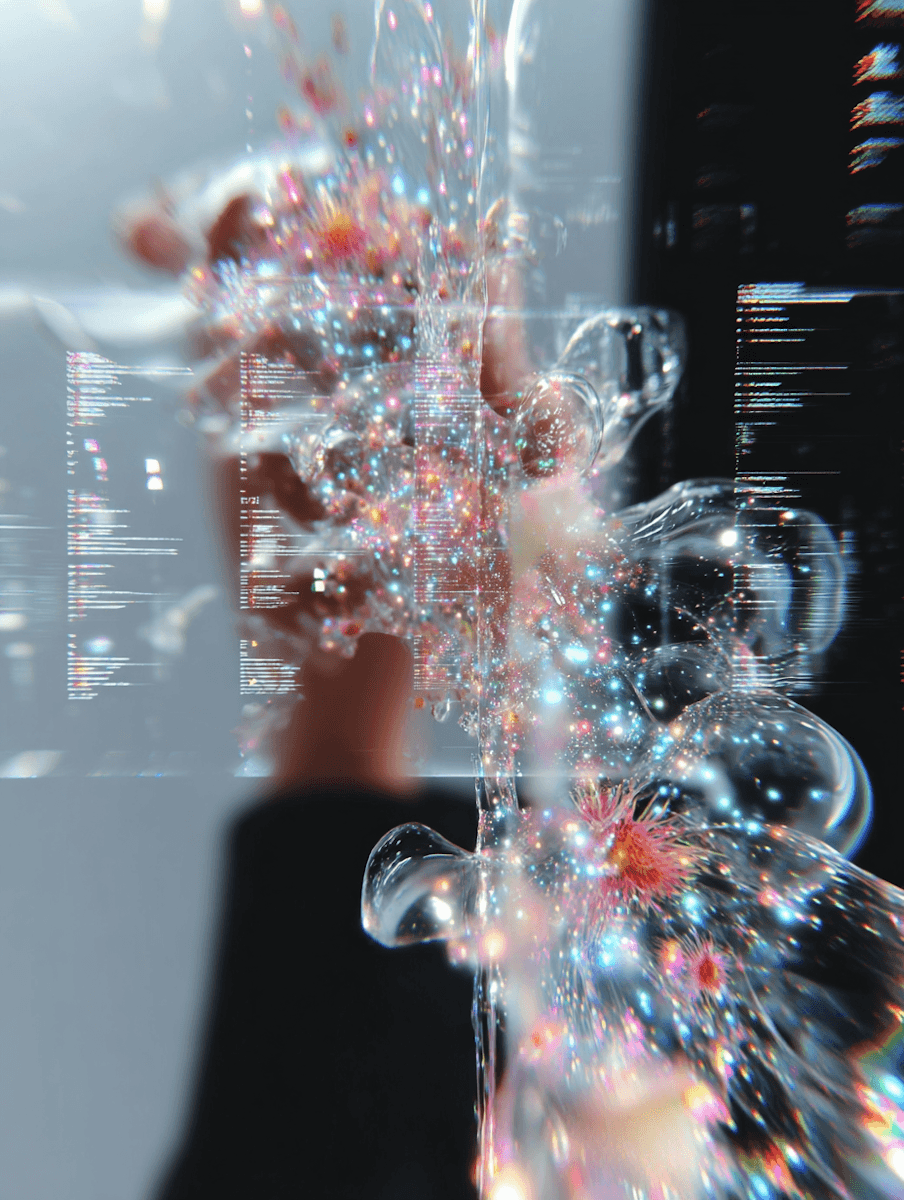 A hand interacts with a vibrant, sparkling structure of multicolored particles and bubbles, creating a surreal and futuristic visual.