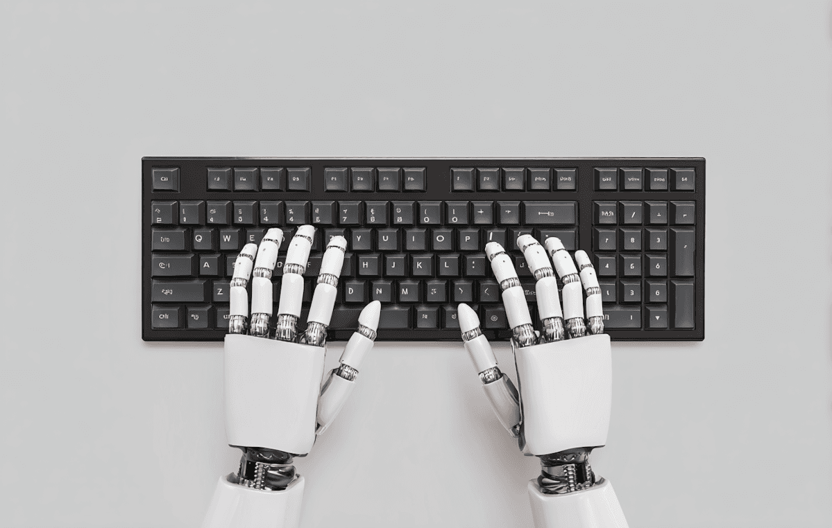 Robotic hands positioned over a computer keyboard, ready to type on the dark-gray keys against a light-gray background.