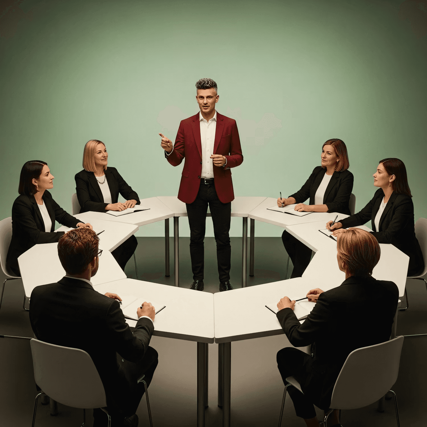 A professional meeting with a speaker in a red blazer addressing a group seated around a white table in a modern setting.