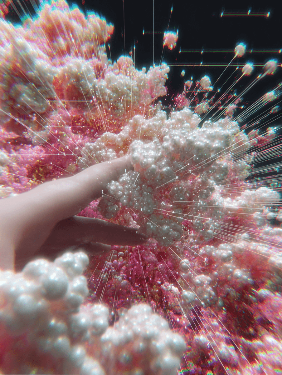 A hand reaches towards glowing, pearl-like spheres in a surreal, colorful scene with radiant light beams and a dark background.