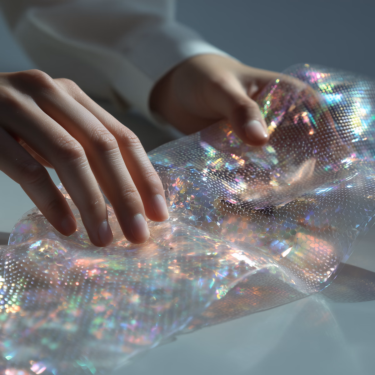 Hands delicately holding a shimmering, iridescent material that reflects a spectrum of colors under soft lighting.