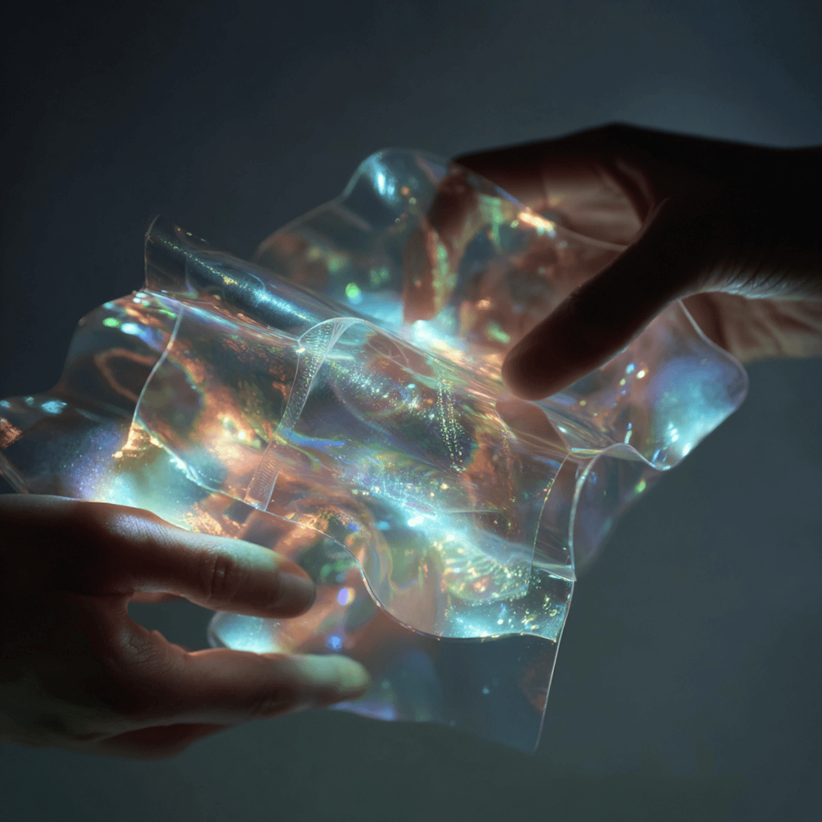 Hands holding a glowing, iridescent material that reflects light in vibrant colors, creating a mesmerizing and futuristic visual effect.